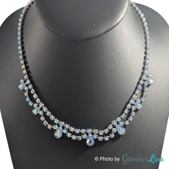 Vintage B David Scalloped Blue AB Rhinestone Mid Century Silver Tone Necklace - Picture 2 of 13